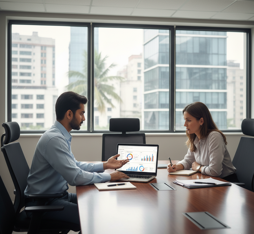 Professional SEO expert in Chennai discussing digital marketing strategy with a client in an office setting